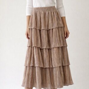 Storia Rose Gold Metallic Elastic Waist 4 Tiered Maxi Skirt Small Fairy